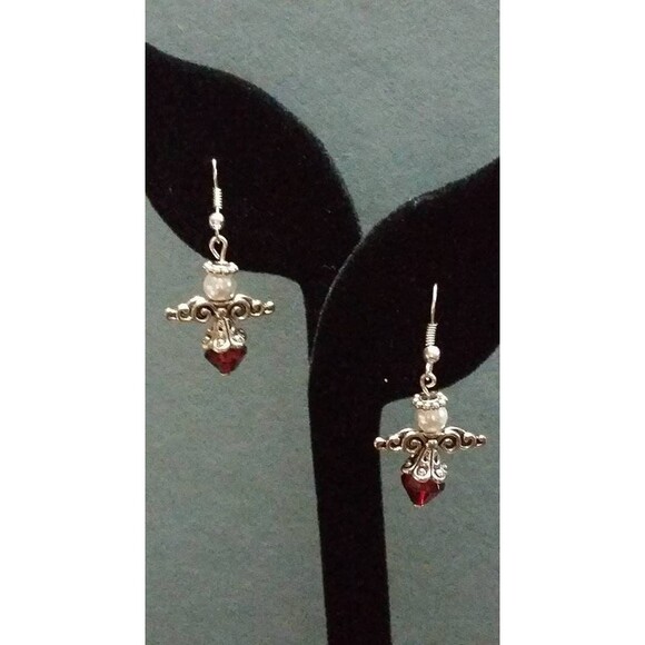 Red, White and Silvertone Beaded Angel Earrings - Picture 4 of 4
